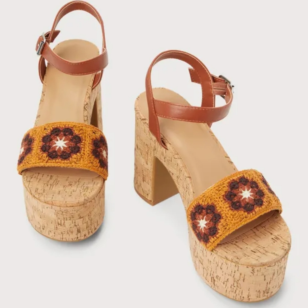 Sale🥰 Bamboo flirty fun boho flower child Hippie chick cork floral jute heels - Picture 2 of 6